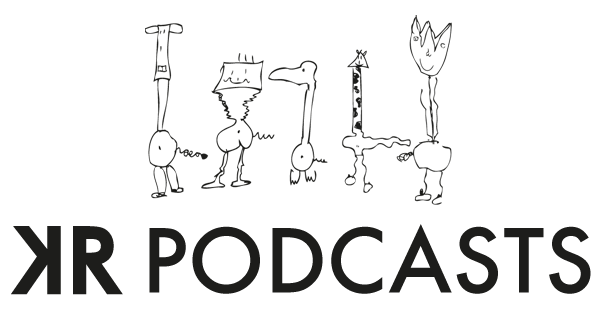 Five child-like drawings of friendly fantasy creatures with the text KR PODCASTS underneath.